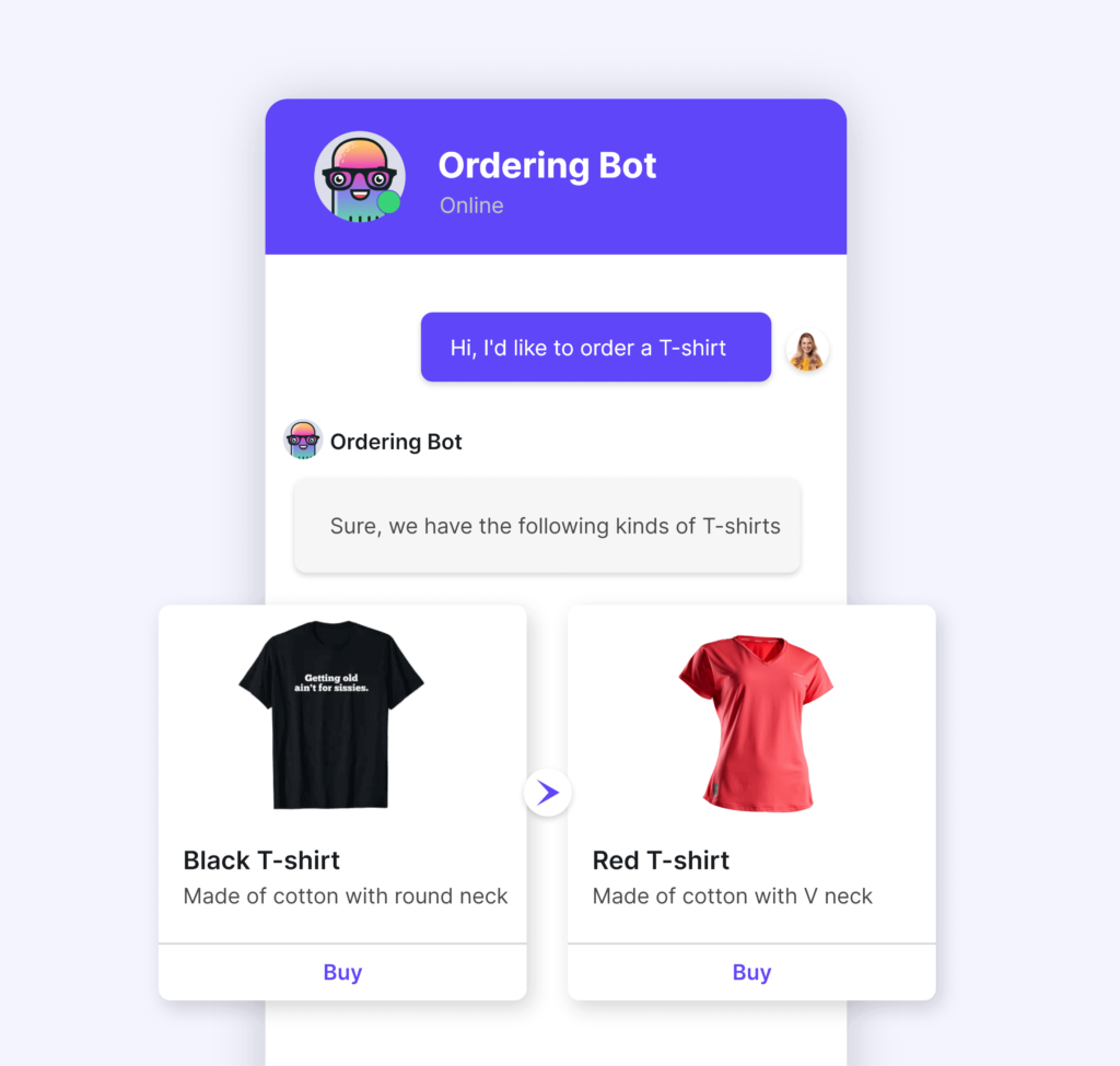 An image showing a chatbot offering two different t-shirts to a user based on the user's preferences.