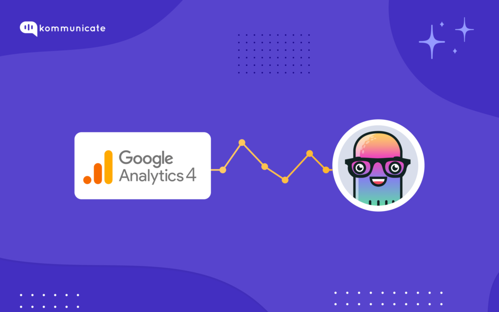 Illustration showing the connection between Kommunicate and Google Analytics 4, with a stylized chatbot icon connected to the Google Analytics 4 logo by a dotted line with data points.