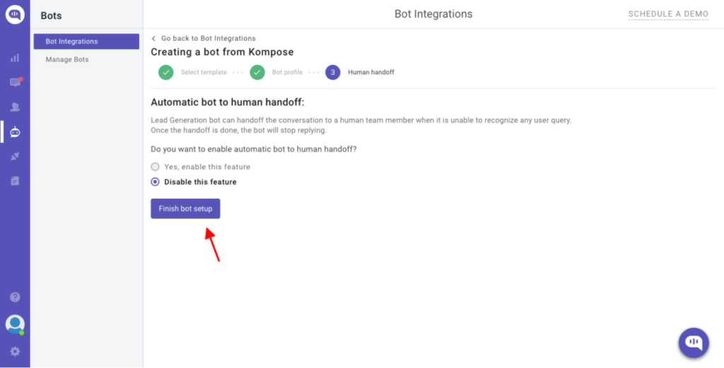 A screenshot of a chatbot creation interface showing the "Human handoff" section. The user is asked if they want to enable automatic bot-to-human handoff. The current selection is "Disable this feature." Below that is a button labeled "Finish bot setup. A screenshot of a chatbot creation interface showing the "Human handoff" section. The user is asked if they want to enable automatic bot-to-human handoff. The current selection is "Disable this feature." Below that is a button labeled "Finish bot setup.