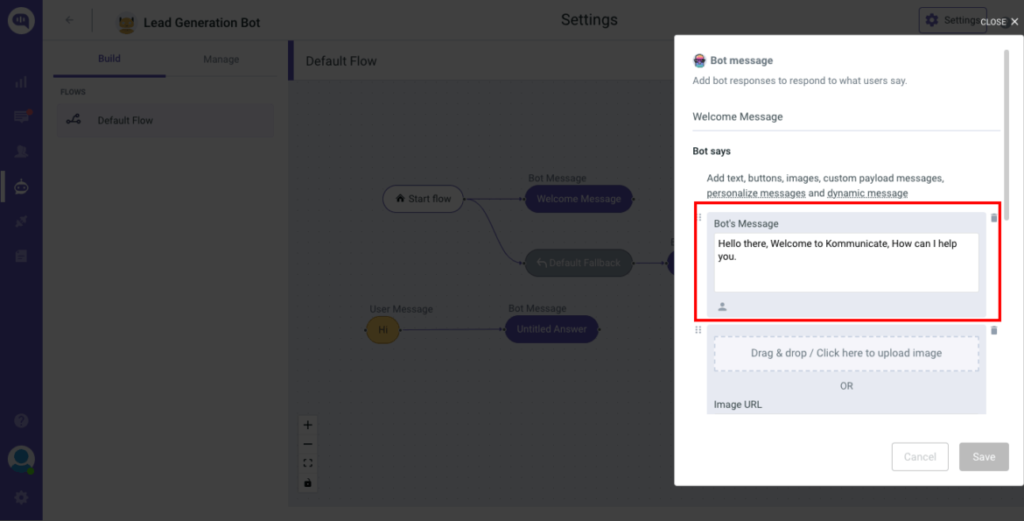 A screenshot of a chatbot builder interface showing a bot message being edited. The message reads "Hello there, Welcome to Kommunicate, How can I help you?" There are options to add text, buttons, images, custom payload messages, personalize messages, and use dynamic message. A screenshot of a chatbot builder interface showing a bot message being edited. The message reads "Hello there, Welcome to Kommunicate, How can I help you?" There are options to add text, buttons, images, custom payload messages, personalize messages, and use dynamic message.
