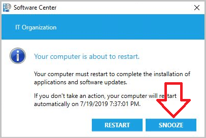 Restart or snooze pending updates A Windows Software Center prompt notifying the user that their computer needs to restart for updates.