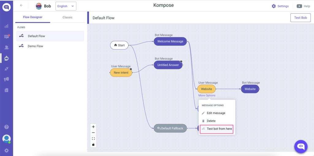 Screenshot of Kommunicate's Kompose bot builder, showing the flow designer with the "Test bot from here" option highlighted in a context menu.