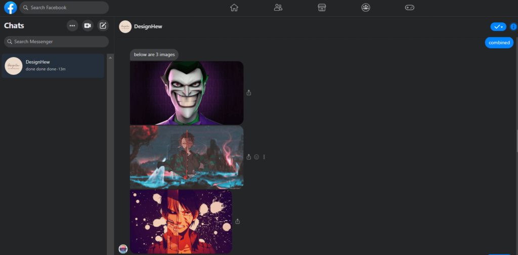 Screenshot of a Facebook Messenger chat showing three image previews sent by "DesignHew."