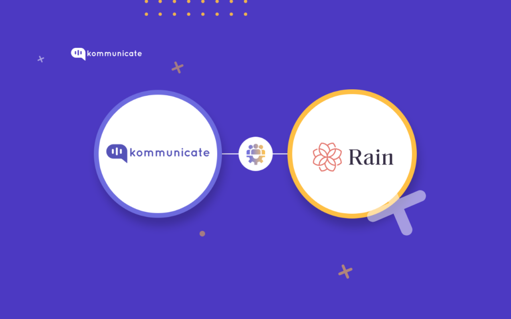 A graphic showing two circles, one with the Kommunicate logo and the other with the word "Rain" and a floral icon, connected by a small icon of three people.