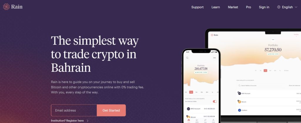 Screenshot of the Rain website, promoting cryptocurrency trading in Bahrain with 0% trading fees, shown on both a desktop and mobile device.