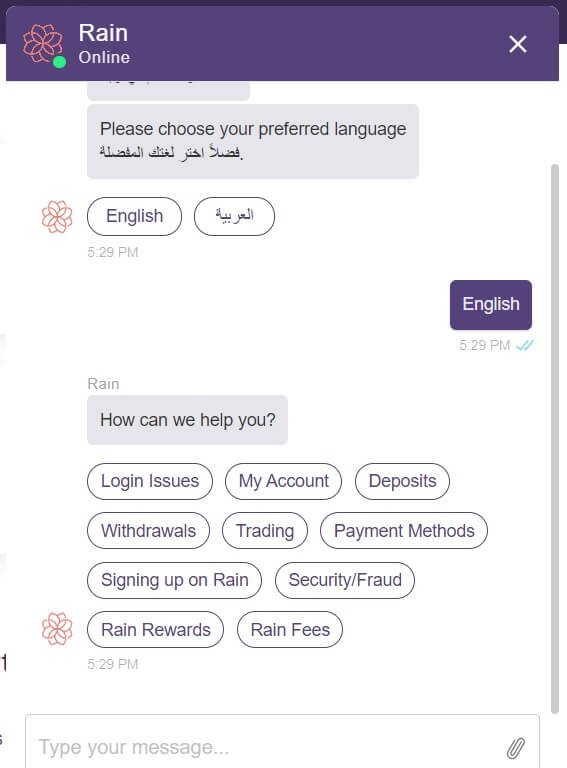 Screenshot of Rain's chat interface showing a language selection prompt and subsequent menu of support options.