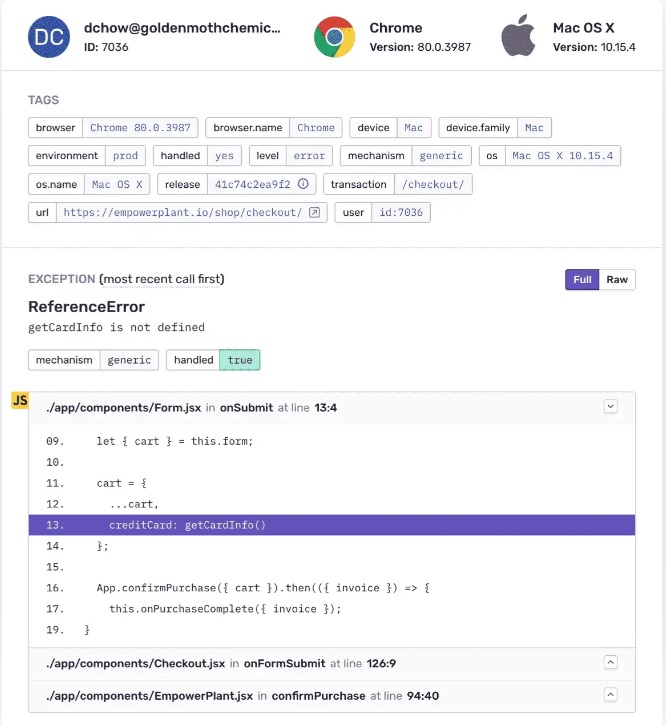 Debug JavaScript errors for smooth checkout Screenshot of Sentry, used to help identify bugs in the code.