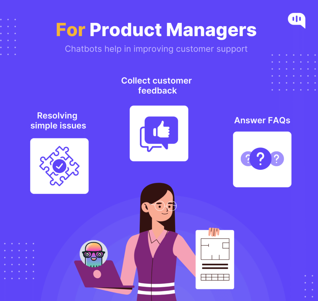 Infographic showing how chatbots improve customer support by resolving issues, collecting feedback, and answering FAQs, targeted at product managers.