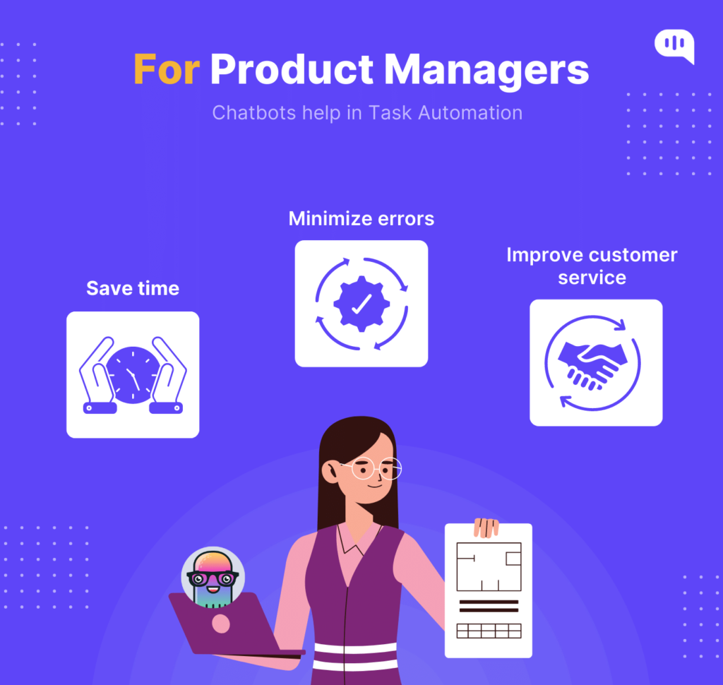 Infographic showing how chatbots help in task automation, minimizing errors, improving customer service, and saving time, targeted at product managers.