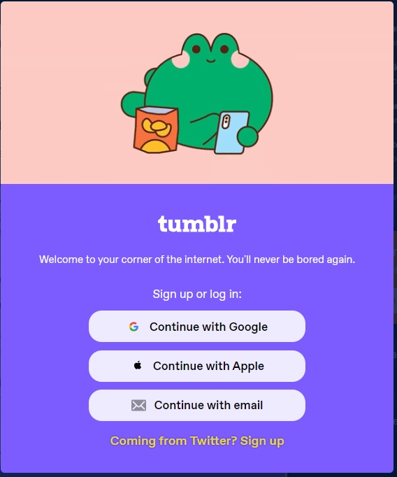 Join Tumblr and explore endless content A colorful illustration of a frog holding a phone and a bag of chips, with text inviting users to join Tumblr.
