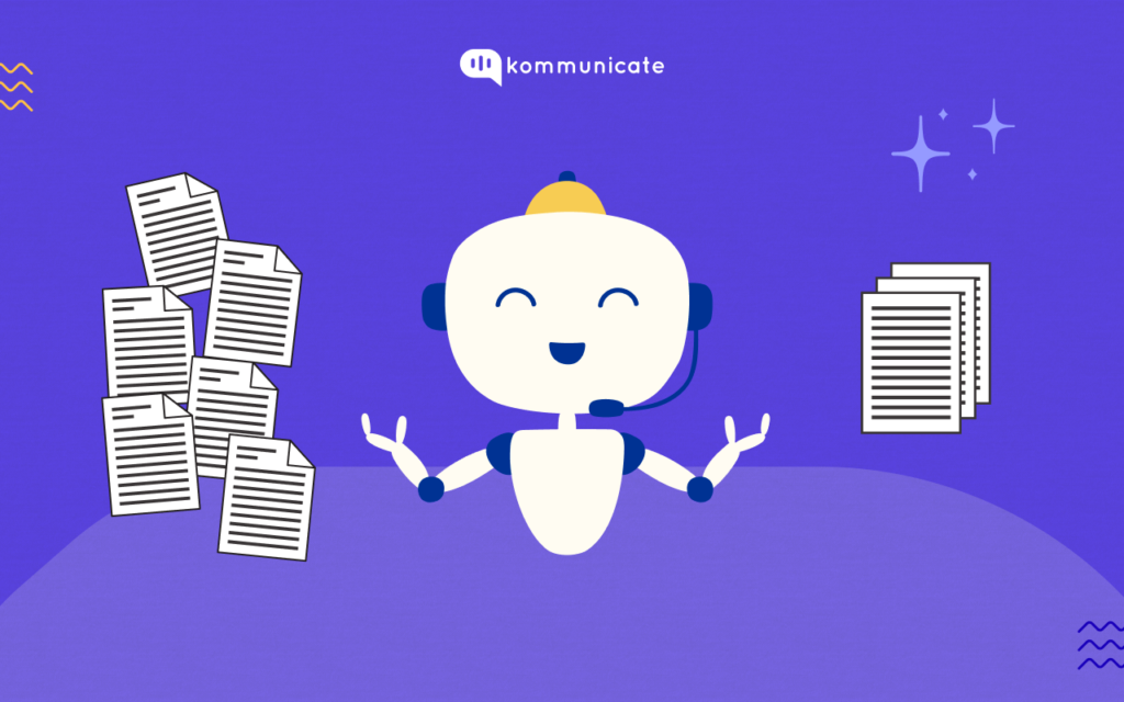 Kommunicate mascot surrounded by documents, suggesting efficient communication and organization.