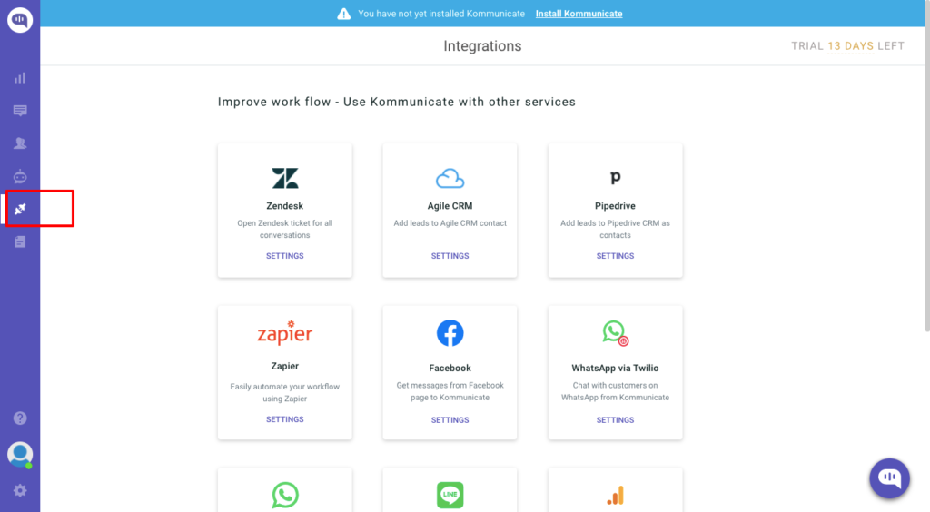 Screenshot of the Kommunicate integrations page, showing available integrations with Zendesk, Agile CRM, Pipedrive, Zapier, Facebook, and WhatsApp via Twilio. The integrations menu icon is highlighted.