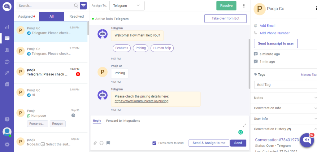 Screenshot of a kompose chatbot interface showing a conversation about pricing with a Telegram bot.