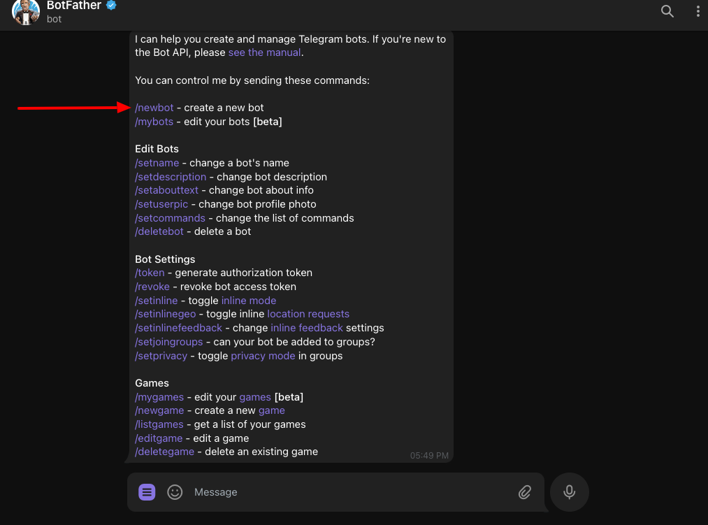 Screenshot of a Telegram chat with BotFather, showing the list of available commands, with '/newbot' highlighted by a red arrow.