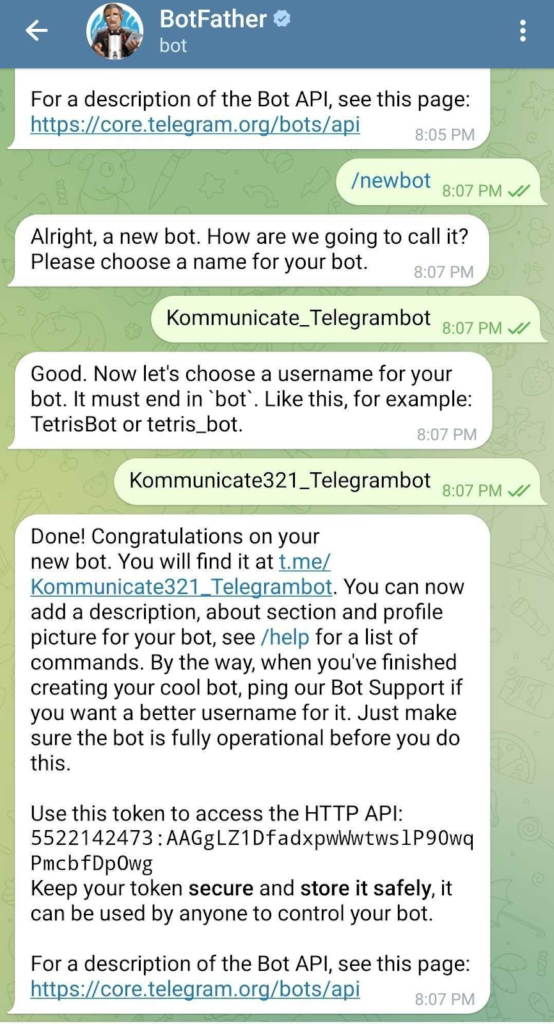 Screenshot of a Telegram chat with BotFather showing the process of creating a new bot, including setting the name and username, and receiving the API token.