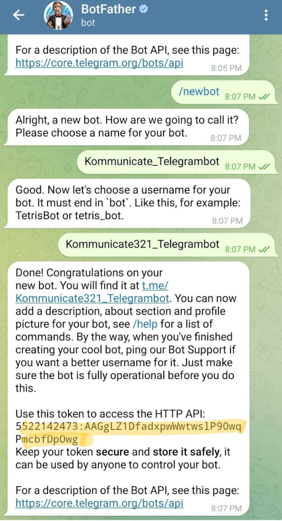 Screenshot of a Telegram chat with BotFather showing the process of creating a new bot, including setting the name and username, and receiving the API token.