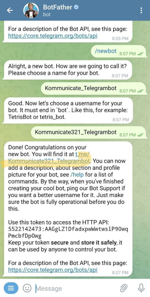 Screenshot of a Telegram chat with BotFather showing the process of creating a new bot, including setting the name and username, and receiving the API token.