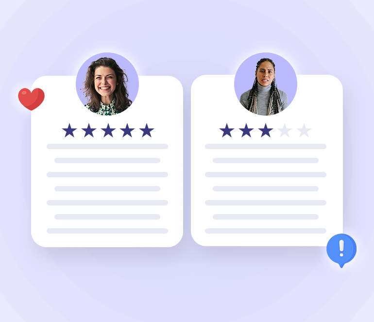 Two side-by-side profile cards, each featuring a portrait of a woman. The first card on the left shows a smiling woman, accompanied by a 5-star rating and a heart icon, symbolizing a positive experience or review. The second card on the right displays a woman with a neutral or slightly concerned expression, accompanied by a 3-star rating and an exclamation mark icon, suggesting a less favorable or average review. The layout of the cards implies a comparison of user feedback or customer satisfaction ratings. Two side-by-side profile cards, each featuring a portrait of a woman. The first card on the left shows a smiling woman, accompanied by a 5-star rating and a heart icon, symbolizing a positive experience or review. The second card on the right displays a woman with a neutral or slightly concerned expression, accompanied by a 3-star rating and an exclamation mark icon, suggesting a less favorable or average review. The layout of the cards implies a comparison of user feedback or customer satisfaction ratings.