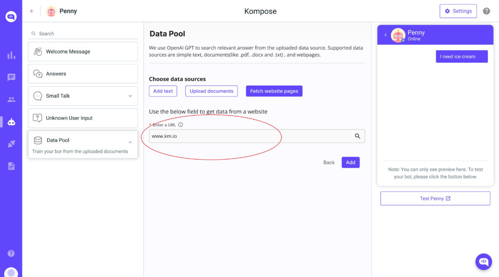 Enter URL in kommunicate dashboard