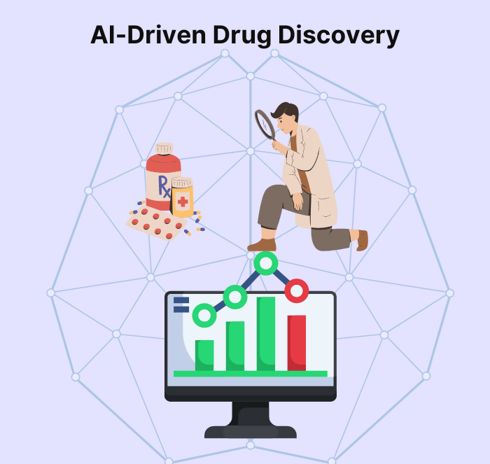AI for drug discovery A scientist using AI to analyze drug data, visualized with a magnifying glass, pills, and a graph.