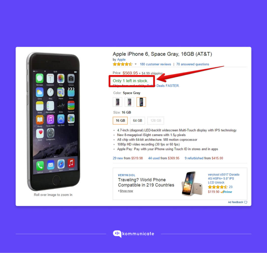 Create Sense of Urgency eCommerce sales tips: Create a sense of urgency
Apple iPhone 6, Space Gray, 16GB (AT&T) product page on Amazon.