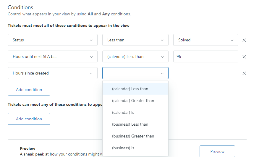 Zendesk Ticket View Conditions Image showing Zendesk ticket view conditions
