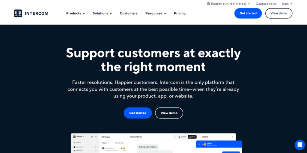 A screenshot of the Intercom website, showcasing their platform for providing timely customer support. The image highlights how Intercom helps businesses connect with customers at the optimal moment for faster resolutions and increased customer satisfaction. A screenshot of the Intercom website, showcasing their platform for providing timely customer support. The image highlights how Intercom helps businesses connect with customers at the optimal moment for faster resolutions and increased customer satisfaction.