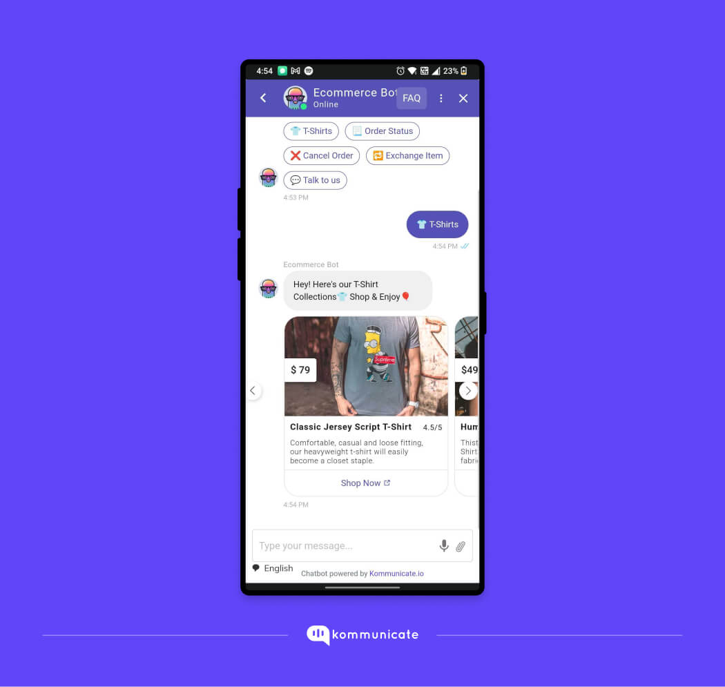 Chat with our bot now eCommerce sales tips: Ecommerce chatbot interface on a website, showing a conversation about T-shirts.