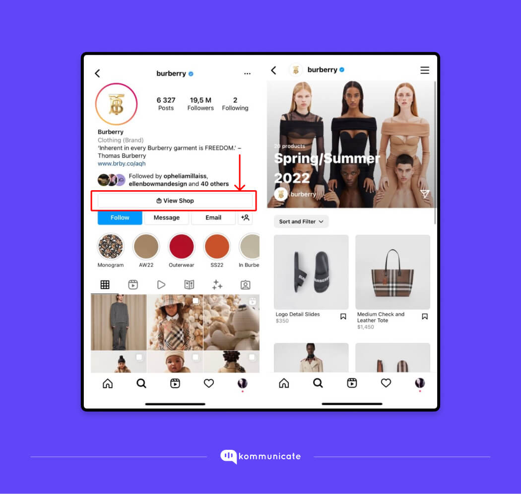 Instagram Shopping eCommerce sales tips: Burberry Instagram profile page with products, posts, and follower count.