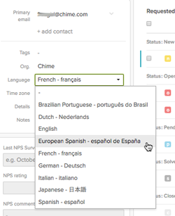 Zendesk Features-Multiligual chatbots Zendesk Features-Multiligual chatbots
Image showing the Screenshot of a dropdown menu with language options
