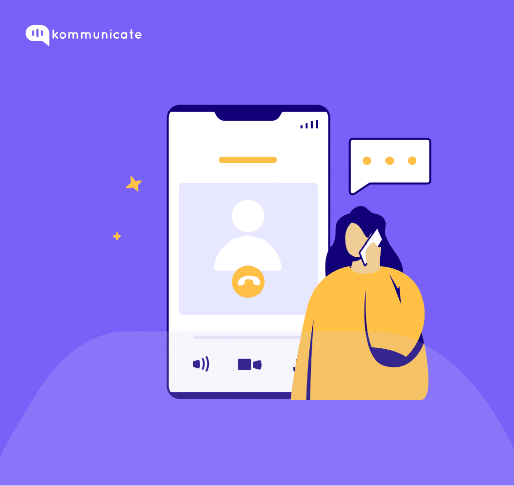 Illustration with the Kommunicate logo, depicting a person holding a phone to their ear, with a call interface displayed on the phone screen and a speech bubble with ellipsis dots.