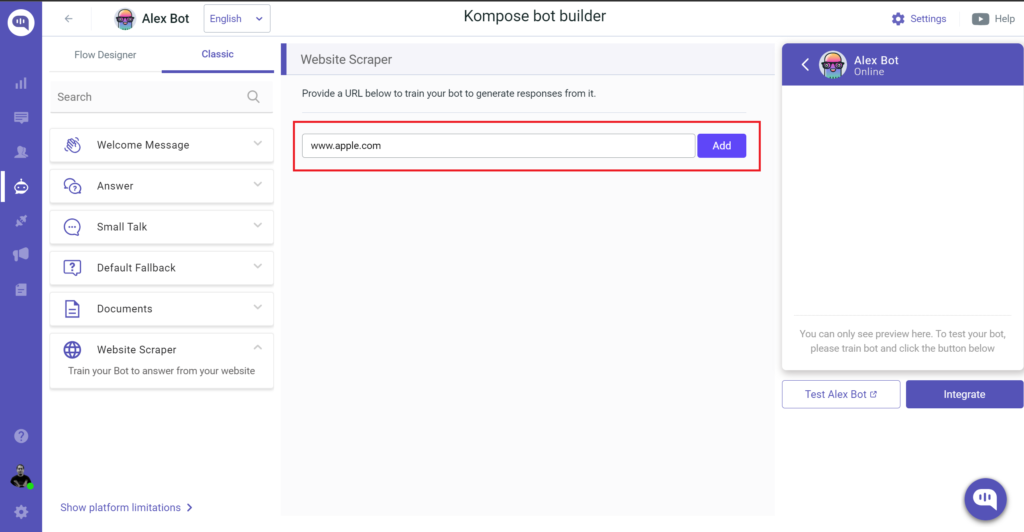 Enter the URL for Website Scraping Upload URLs for Website Scraping