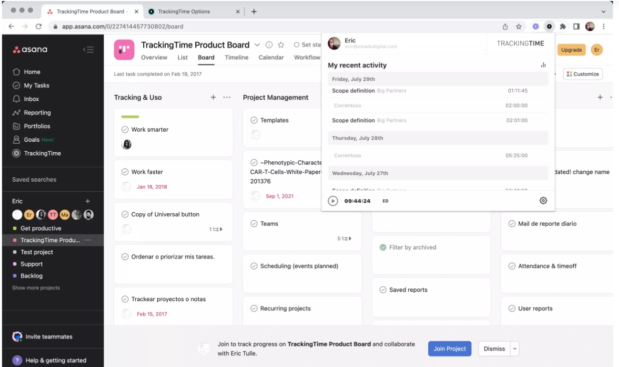Asana A screenshot of an Asana project board with tasks related to "Tracking Time Product Board."