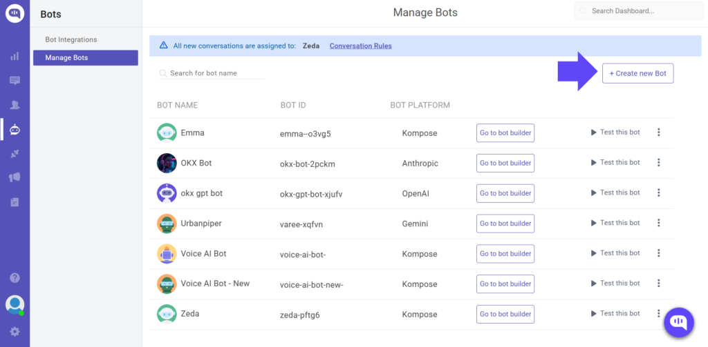 Bot management dashboard in the Kommunicate platform displaying a list of bots with names, platforms, and action buttons, and a purple arrow pointing to the "+ Create new Bot