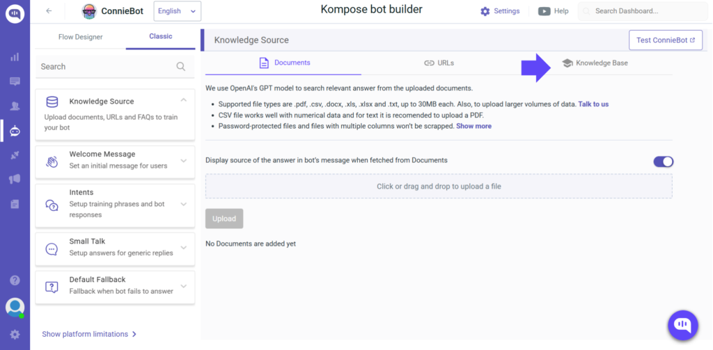 Kompose bot builder interface showing the document upload screen under the Knowledge Source section, with a purple arrow pointing toward the "Knowledge Base" tab