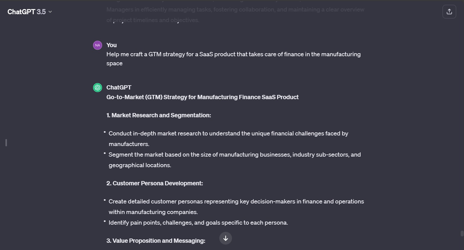 ChatGpt Product management tools- ChatGPT 3.5 interface showing a conversation about a GTM strategy for a manufacturing finance SaaS product
