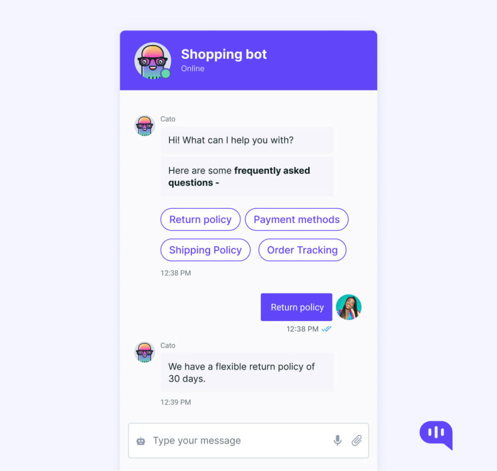 Screenshot of a chat interface with a shopping bot named "Cato," showing a conversation about return policy.