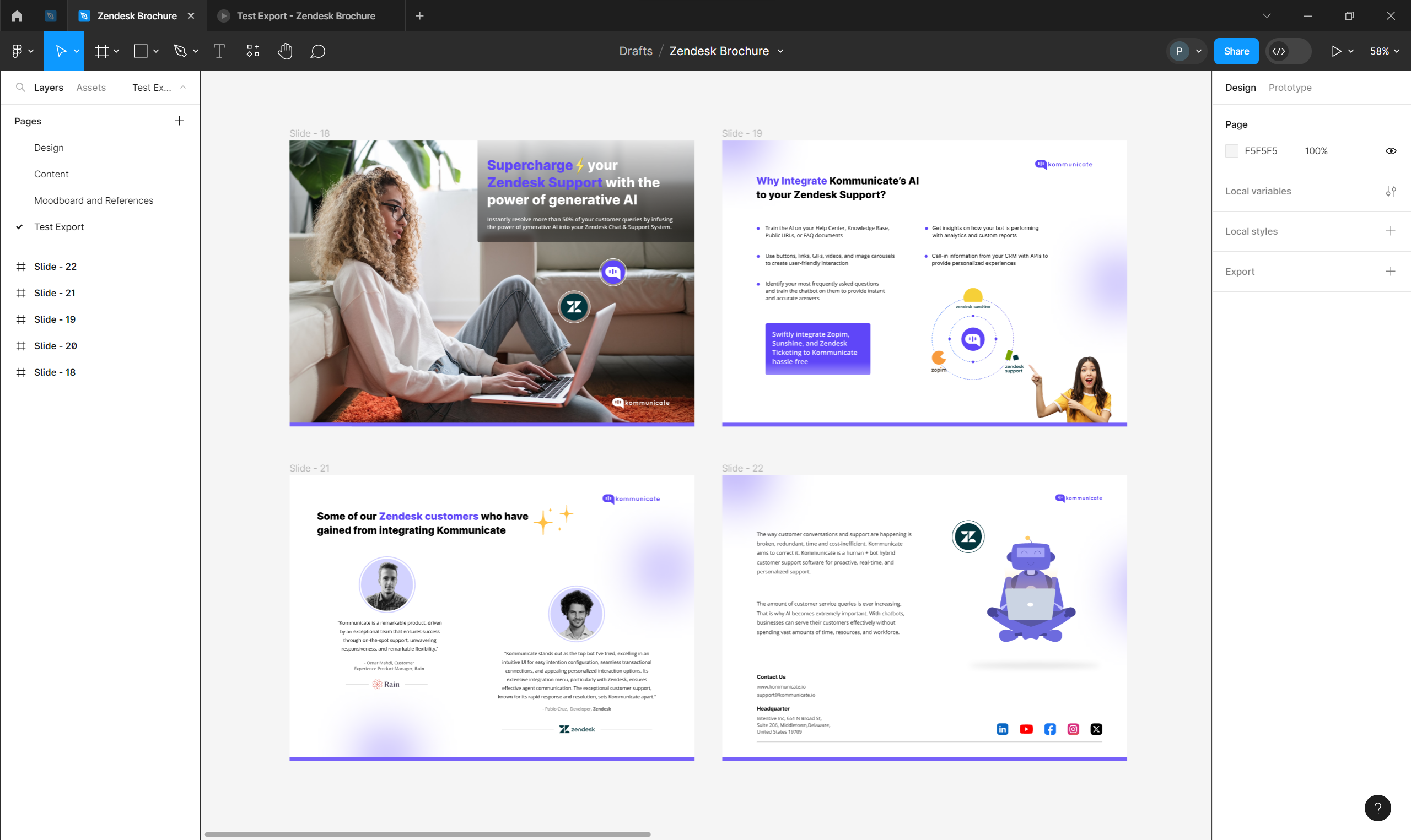 Figma A slide deck presentation about Zendesk support integration with generative AI using Figma product management tool