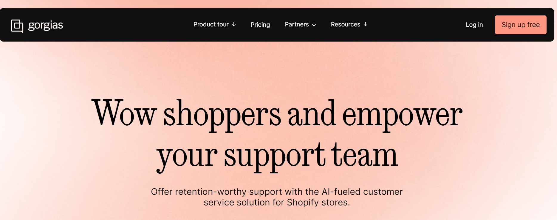 Gorgias homepage with a gradient peach and pink background. The Gorgias logo is in the top left corner, followed by navigation links to Product tour, Pricing, Partners, Resources, Log in, and Sign up free. Gorgias homepage with a gradient peach and pink background. The Gorgias logo is in the top left corner, followed by navigation links to Product tour, Pricing, Partners, Resources, Log in, and Sign up free.