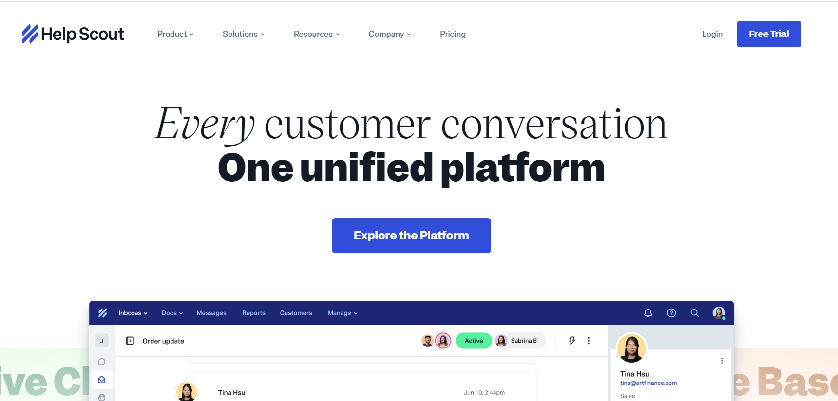 The Help Scout logo is in the top left corner, followed by navigation links to Product, Solutions, Resources, Company, and Pricing. The Help Scout logo is in the top left corner, followed by navigation links to Product, Solutions, Resources, Company, and Pricing.