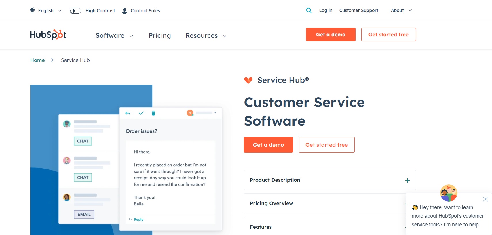 HubSpot Service Hub homepage with a blue header, featuring a screenshot of the platform's chat interface displaying a customer service interaction. HubSpot Service Hub homepage with a blue header, featuring a screenshot of the platform's chat interface displaying a customer service interaction.