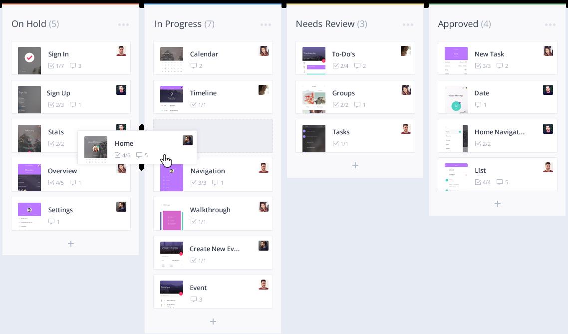 Invision A project management tool ”Invision” interface showing multiple columns with tasks in different stages: On Hold, In Progress, Needs Review, and Approved.
