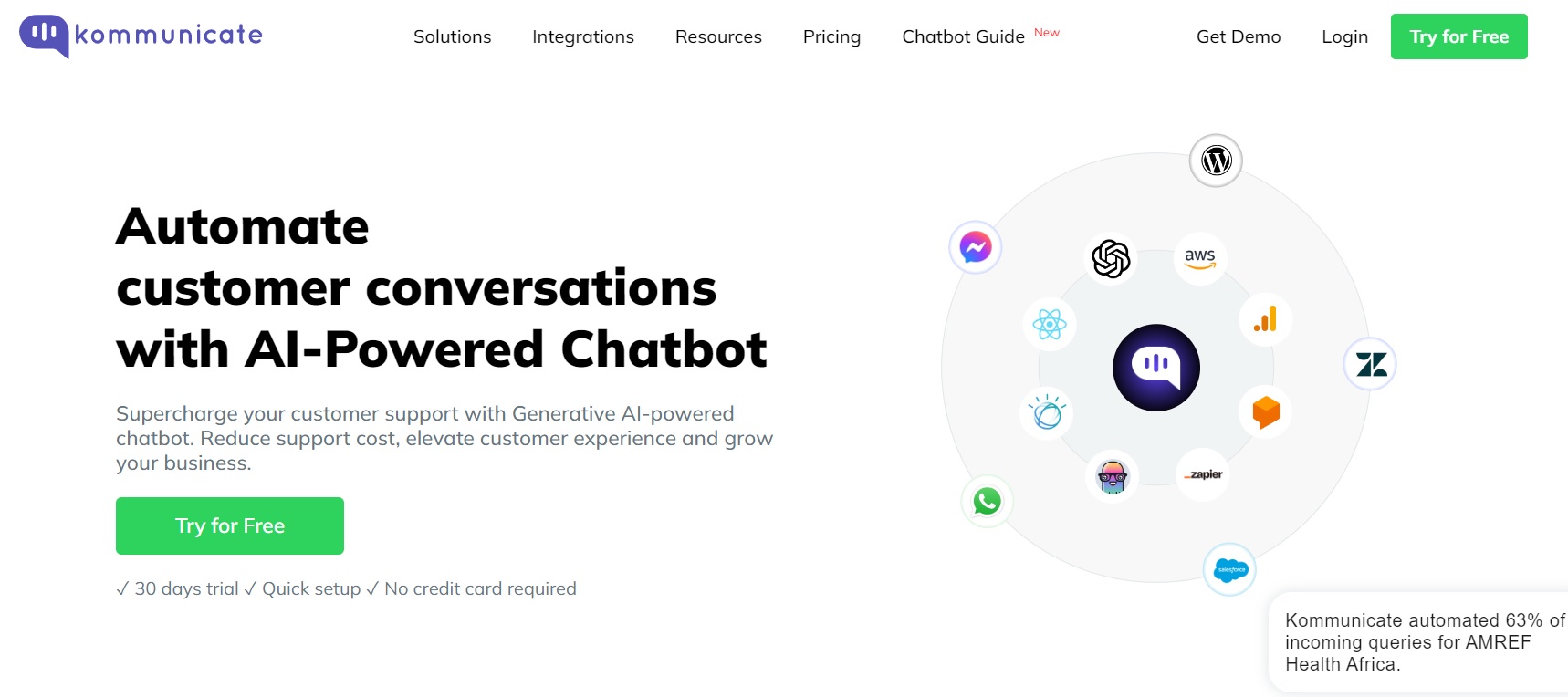Kommunicate homepage featuring a conversational AI chatbot surrounded by logos of supported platforms. Headline reads "Automate customer conversations with AI-Powered Chatbot." Subheadline emphasizes cost reduction, improved customer experience, and business growth. Kommunicate homepage featuring a conversational AI chatbot surrounded by logos of supported platforms. Headline reads "Automate customer conversations with AI-Powered Chatbot." Subheadline emphasizes cost reduction, improved customer experience, and business growth.