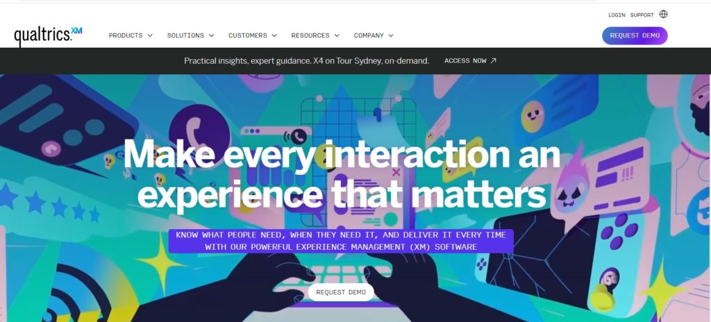 :Qualtrics homepage with a vibrant illustration of hands interacting with various digital devices and icons. The headline reads "Make every interaction an experience that matters" with a subheadline emphasizing the use of Qualtrics XM software to understand and deliver customer needs. Prominent "Request Demo" button is featured twice. The Qualtrics logo and navigation menu are visible at the top of the page. :Qualtrics homepage with a vibrant illustration of hands interacting with various digital devices and icons. The headline reads "Make every interaction an experience that matters" with a subheadline emphasizing the use of Qualtrics XM software to understand and deliver customer needs. Prominent "Request Demo" button is featured twice. The Qualtrics logo and navigation menu are visible at the top of the page.