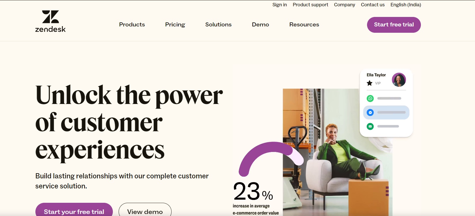 Zendesk homepage with a purple header featuring the Zendesk logo and navigation links to Products, Pricing, Solutions, Demo, Resources, and a "Start free trial" button. The main content includes a headline, "Unlock the power of customer experiences," and a subheadline, "Build lasting relationships with our complete customer service solution”. Zendesk homepage with a purple header featuring the Zendesk logo and navigation links to Products, Pricing, Solutions, Demo, Resources, and a "Start free trial" button. The main content includes a headline, "Unlock the power of customer experiences," and a subheadline, "Build lasting relationships with our complete customer service solution”.