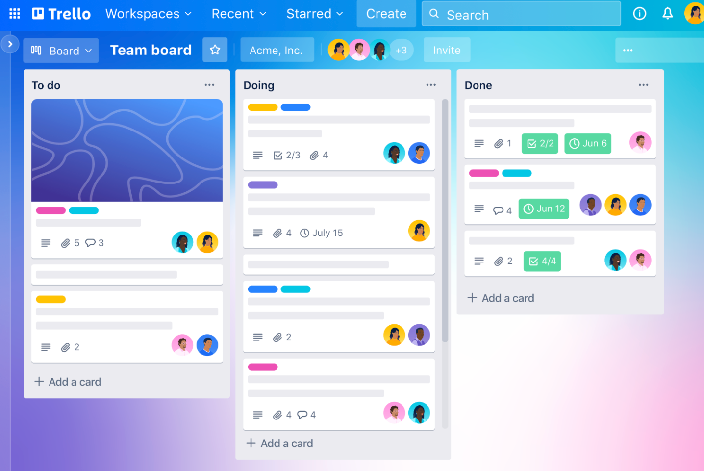 Trello A Trello board with three columns: To do, Doing, and Done, containing cards with tasks, due dates, and assigned members.