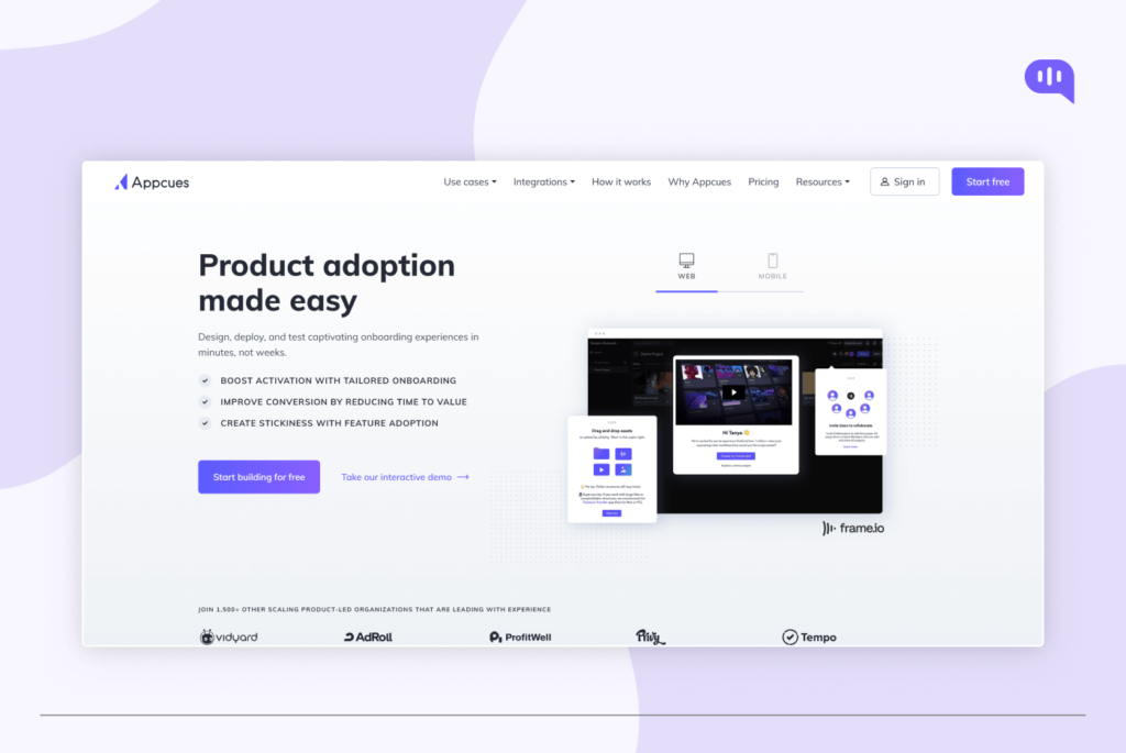 Appcues homepage promoting a product adoption platform with features for designing, deploying, and testing onboarding experiences. Appcues homepage promoting a product adoption platform with features for designing, deploying, and testing onboarding experiences.