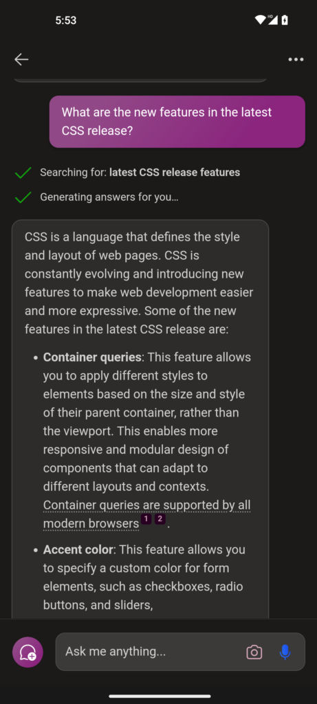 Bing Chat options