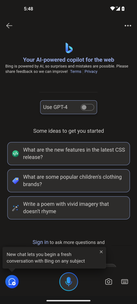 Bing Chat homepage