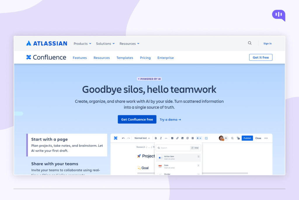 Atlassian Confluence homepage featuring a banner with the text "Goodbye silos, hello teamwork" and a call to action to get Confluence free or try a demo. The page also includes sections for features, resources, templates, pricing, and enterprise information. There is a preview of a Confluence page with sections for project planning, note-taking, brainstorming, and sharing with teams. Atlassian Confluence homepage featuring a banner with the text "Goodbye silos, hello teamwork" and a call to action to get Confluence free or try a demo. The page also includes sections for features, resources, templates, pricing, and enterprise information. There is a preview of a Confluence page with sections for project planning, note-taking, brainstorming, and sharing with teams.